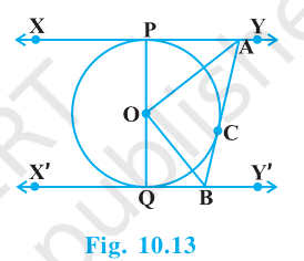 Parallel tangents XY and X'Y' to a circle with centre O, and tangent AB touching at C