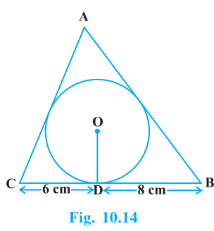 Triangle ABC circumscribing a circle with centre O, touching BC at D with CD = 6 cm and BD = 8 cm