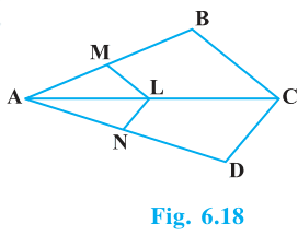 Quadrilateral ABCD with diagonal AC, LM parallel to CB and LN parallel to CD