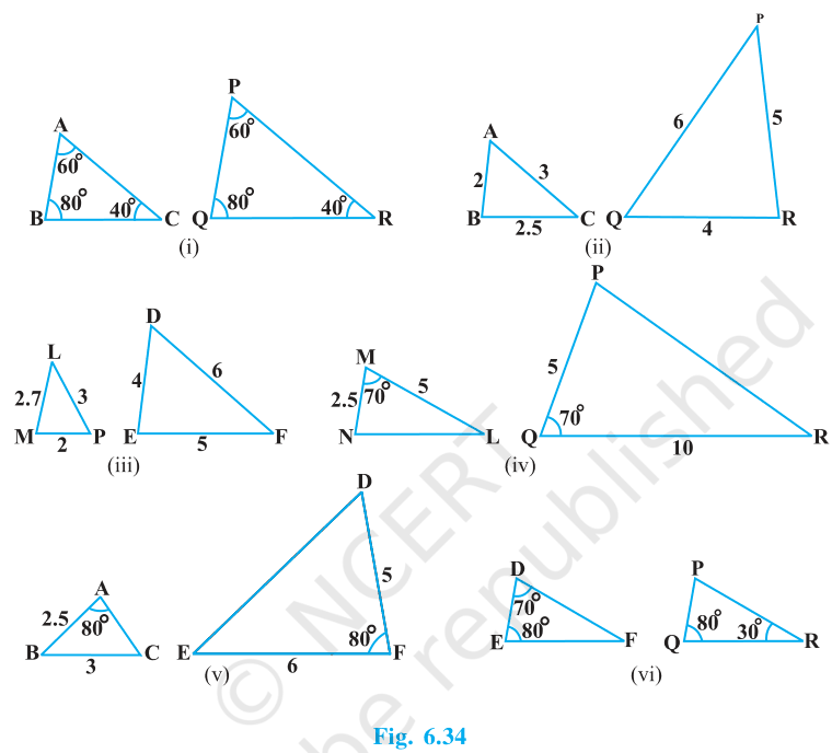 Six pairs of triangles (i)-(vi) with marked angles and side lengths