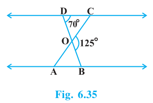 Lines AC and BD crossing at O between two parallel lines, with angle CDO = 70 and BOC = 125 degrees