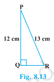 Right triangle PQR, right-angled at Q, with PQ = 12 cm and PR = 13 cm