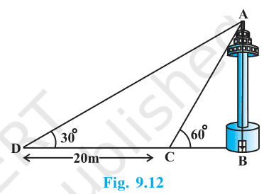 TV tower AB with elevation angles 60 degrees from C and 30 degrees from D, 20 m apart
