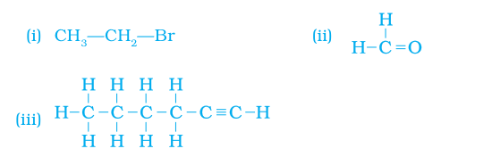 Structures: (i) CH3-CH2-Br, (ii) H-CHO (methanal), (iii) a six-carbon chain with a terminal triple bond