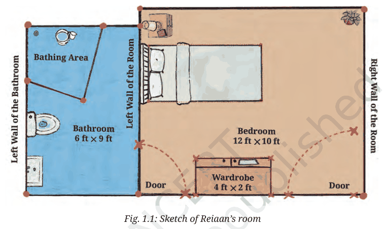 Sketch of Reiaan's room showing the bedroom, bathroom, bed, wardrobe and doors