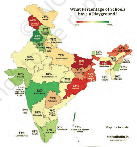 Map of India showing the percentage of schools with a playground in each state