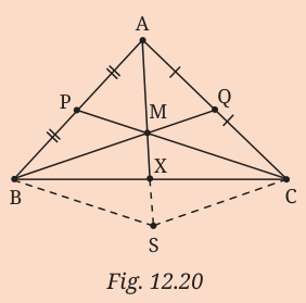 Triangle ABC with medians through M, AM extended to S, and parallelogram BSCM
