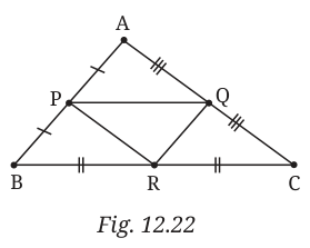 Triangle ABC with midpoints P, Q, R of the sides joined to form triangle PQR