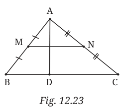 Triangle ABC with midpoints M and N of AB and AC, and segment AD to a point D on BC