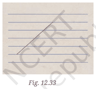 A slanted line drawn across equally spaced horizontal ruled lines