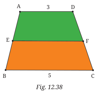 Trapezium ABCD with AD = 3 and BC = 5 split by EF into two coloured 4-gons
