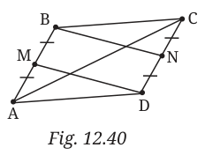 Parallelogram ABCD with midpoints M of AB and N of CD joined to D and B