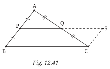 Triangle ABC with midpoints P and Q, and PQ extended to S