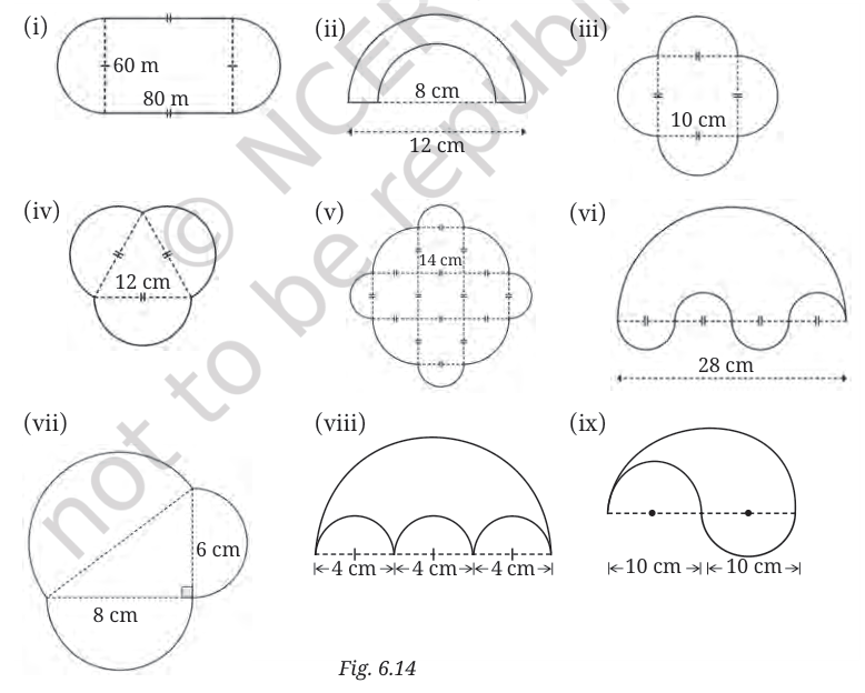 Nine shapes (i) to (ix) made of straight lines, semicircles and quarter circles