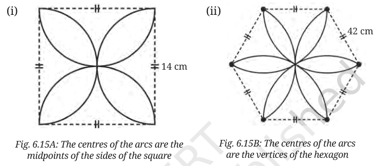Petal flowers drawn with arcs inside a 14 cm square and a 42 cm regular hexagon