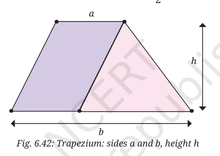 Trapezium with parallel sides a and b and height h, split into a parallelogram and a triangle