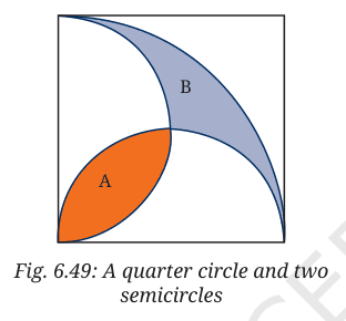 Quarter circle in a square with two semicircles, regions A and B