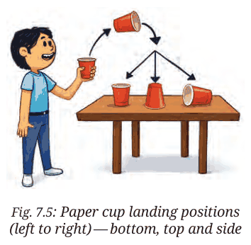 A boy tossing a paper cup that lands on its bottom, top or side