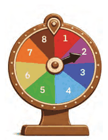 Spinning wheel divided into 8 equal coloured sectors numbered 1 to 8