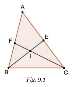 Triangle ABC with angle bisectors from B and C meeting at the incentre I and the sides at E and F