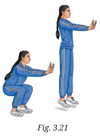 A girl in a squat position and standing on her toes before jumping