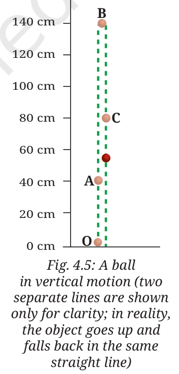 Ball thrown vertically up from O to B (140 cm) and falling back, with points A and C